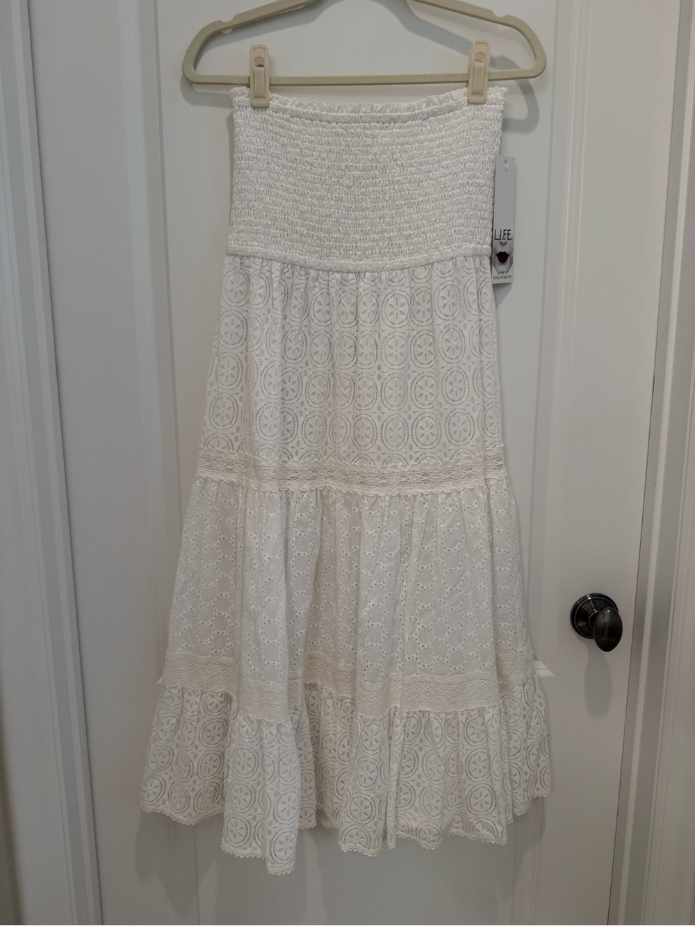 White Eyelet Smocked Bodice Midi Dress NWT